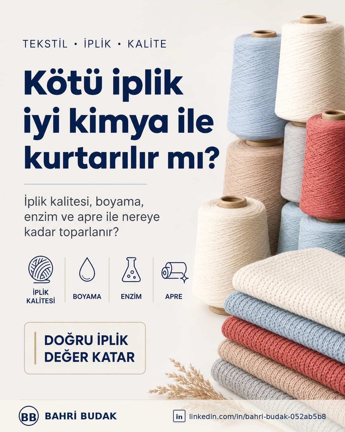 Yarn packages and knitted fabric illustrating the yarn-to-fabric quality relationship